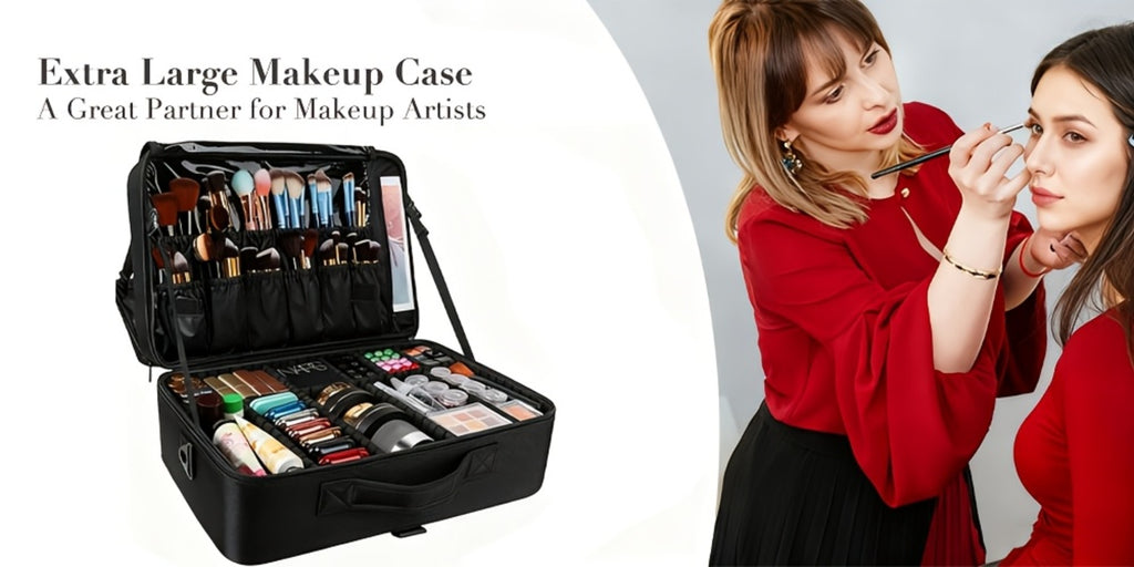 Makeup Case, Professional Train Case Large Makeup Bag, Travel Cosmetic Organizer Brush Holder Makeup Artist Storage Box, for Cosmetics Makeup Brushes Toiletry Jewelry Digital Accessories, 15.8 Inches, with Adjustable Dividers and Shoulder Strap