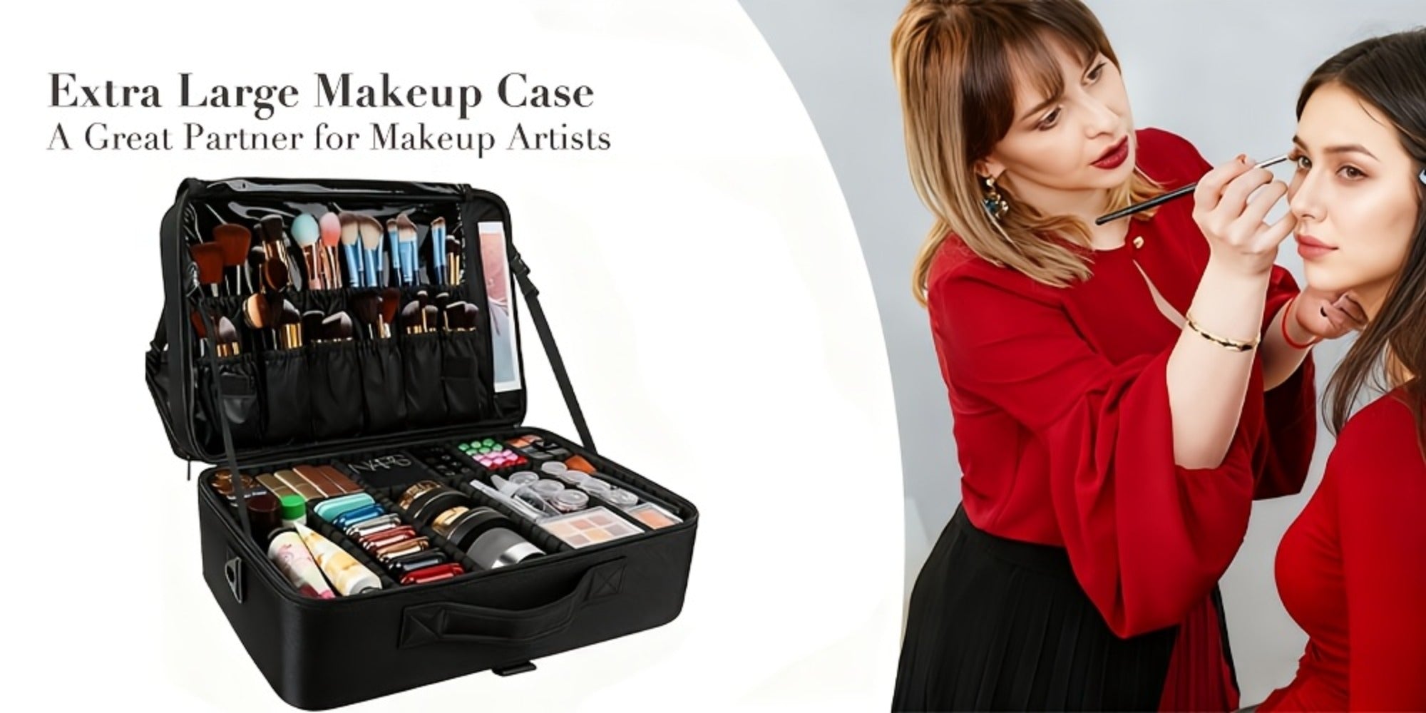 Makeup Case, Professional Train Case Large Makeup Bag, Travel Cosmetic Organizer Brush Holder Makeup Artist Storage Box, for Cosmetics Makeup Brushes Toiletry Jewelry Digital Accessories, 15.8 Inches, with Adjustable Dividers and Shoulder Strap