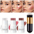 4pcs Creamy Blusher Stick Makeup Kit, Shades with Highlighter Stick, Blush Stick, Bronzer Contour Stick and Brush for Sculpt the Cheeks, Long Lasting, Waterproof, Matte & Shiny Finish