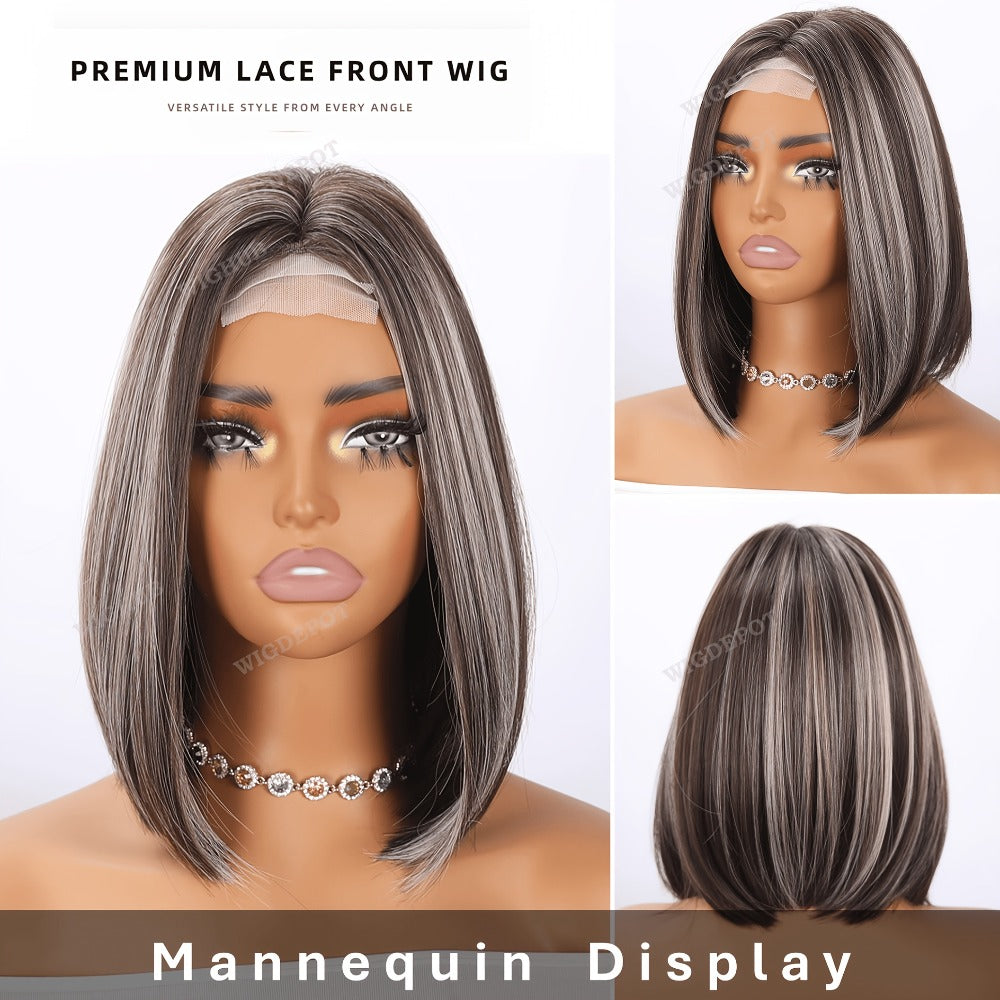 Bob Wig 4x1 U Part Lace Front Rose Net Cap - Middle Part Glueless Wig for Women Brown Highlights Milky White Black Pink 14 Inch