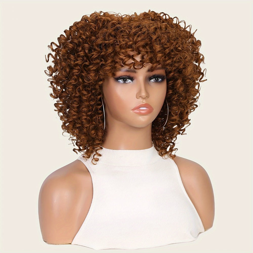 Afro Kinky Curly Wig for Black Women — Short Synthetic Wig with Bangs, 180% High Density, Natural Fluffy Curls, Stretch Cap, Daily Wear & Party, Fits All Head Sizes