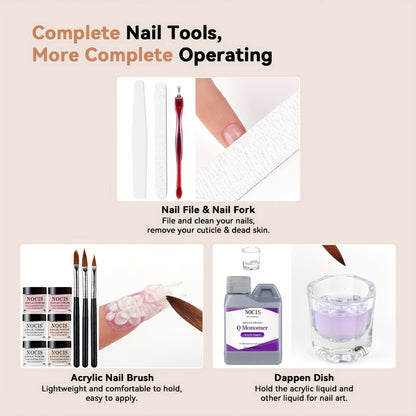 Acrylic Nail Powder Set 6 Colors Pink Nude Crystal for Professional 3D Nail Art French Extensions No Lamp Needed All Season Salon Home Kit
