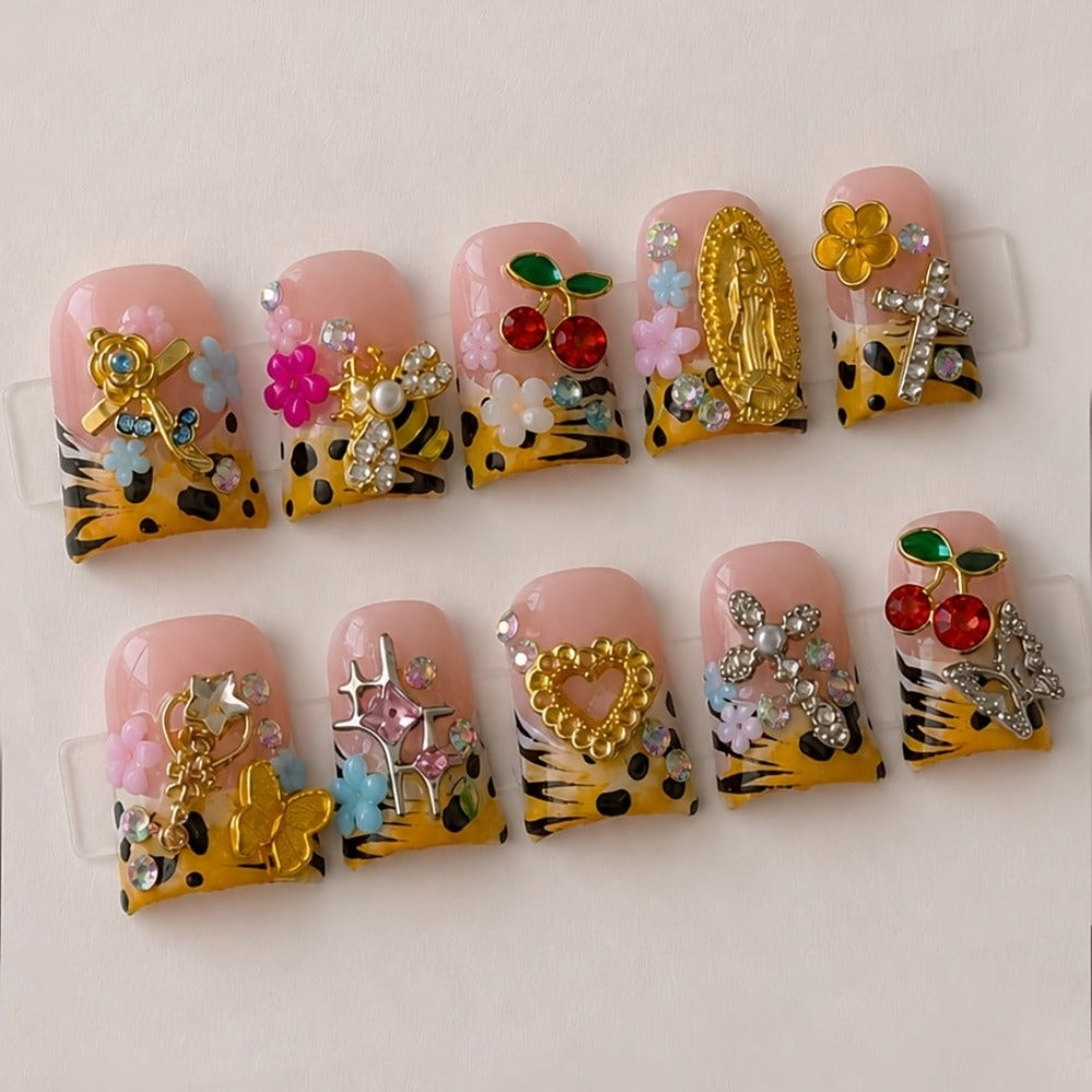 10pcs Y2K Yellow Striped Short Duck Press On Nails, Handmade Acrylic Nails with Cherry, Bee, Flower Rhinestone, Cross & Star Decor, Summer Daily Party Vacation Nail Set, Gift for Women And,Suitable for Graduation Photo Day