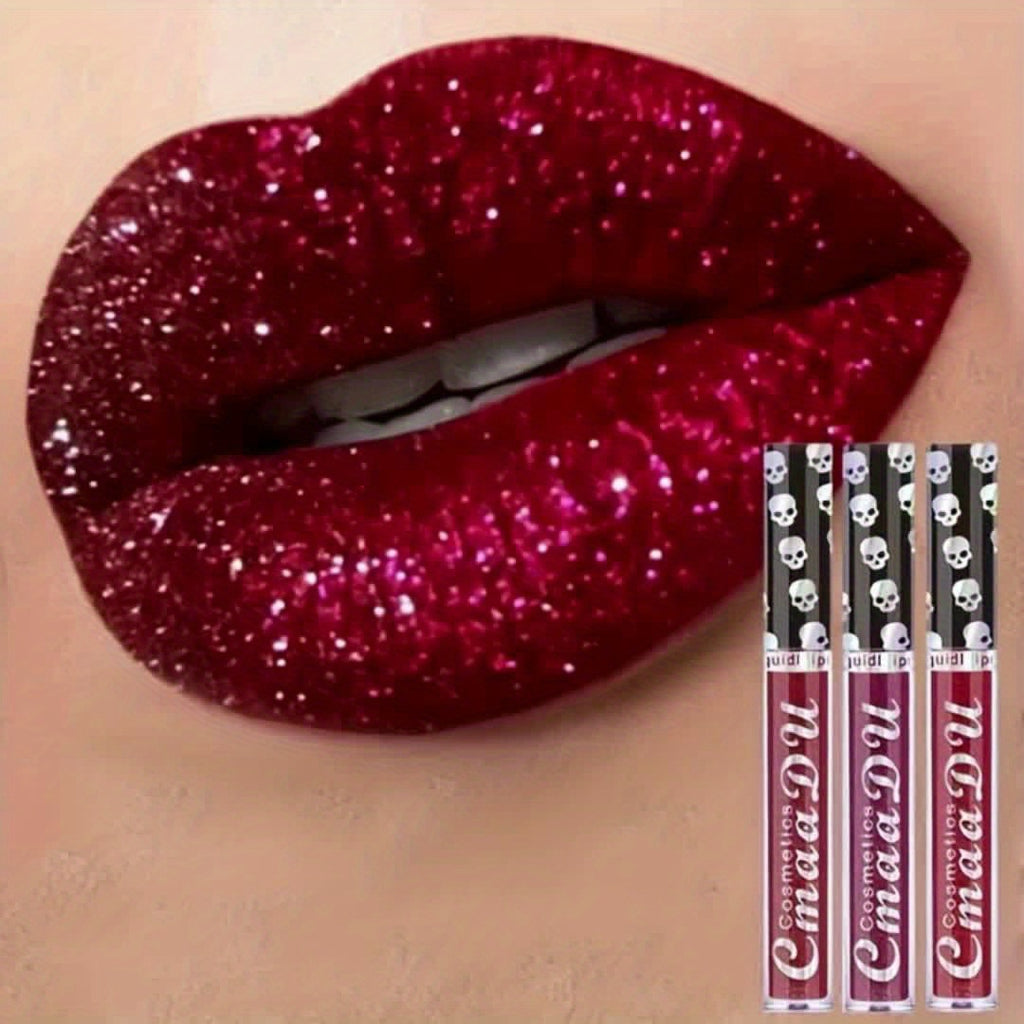 3pcs Skull Shimmering Lip Gloss Long-Lasting Easy to Remove Makeup, Liquid Lipstick Suitable for Music Festivals, Perfect Valentine's Day Gift, Ideal Gift for Women