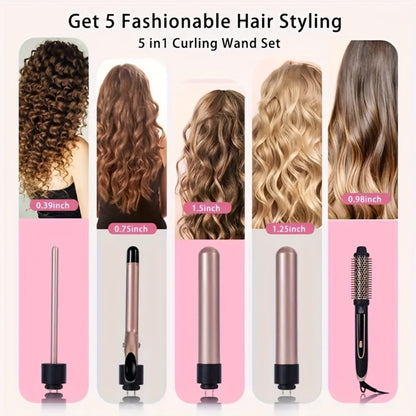 Curling Iron Set 5 in 1 with Interchangeable Ceramic Barrels Professional Hair Curler Wand Styling Kit Heat Brush Long Lasting Waves Curls for Women All Hair Types Includes Gloves & Clips