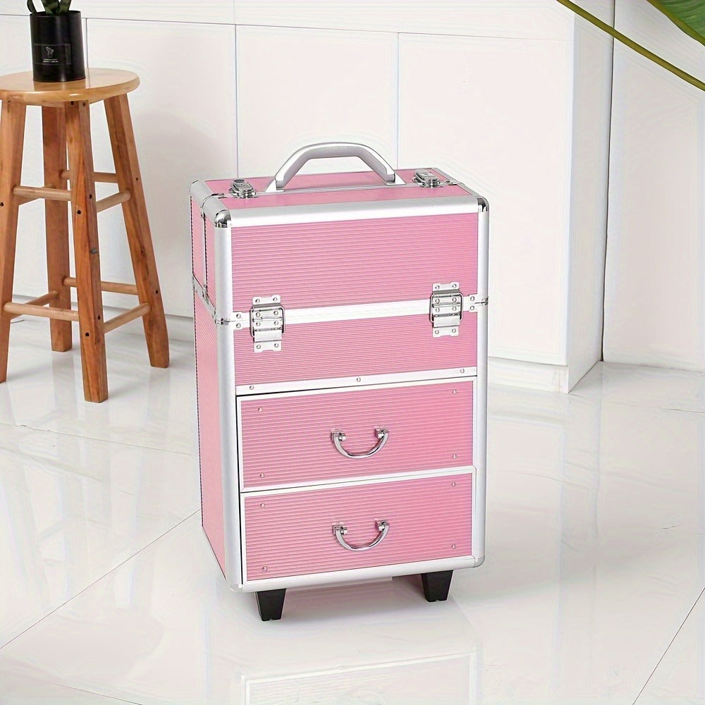 4 Tier Lockable Cosmetic Makeup Train Case with Extendable Trays for Lab Pink