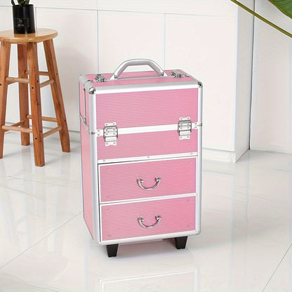 Aluminum Makeup Train Case Lockable with Extendable Trays Multi-Tier Professional Cosmetic Case with Lock Pink Rose Portable Salon Travel Makeup Organizer