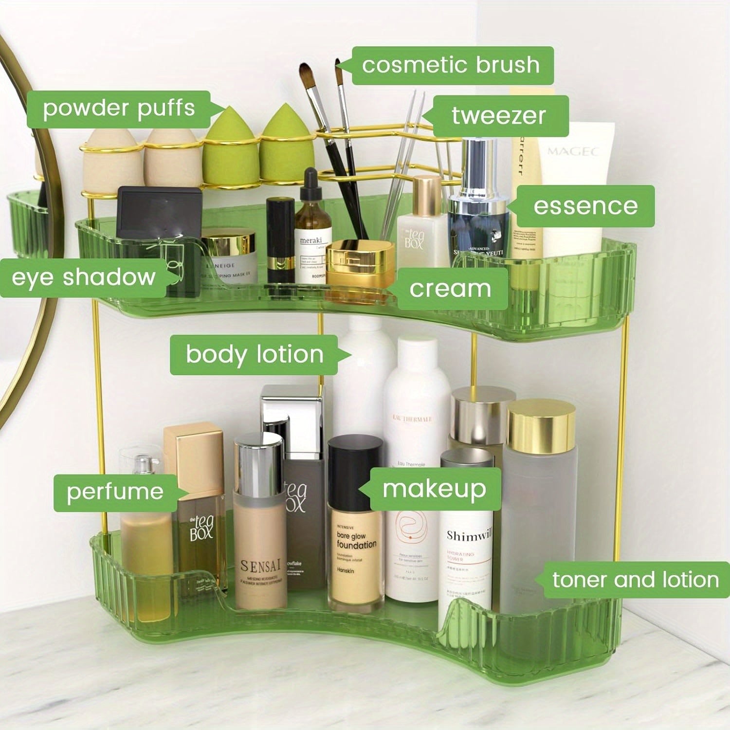 2-in-1 Corner Bathroom Counter Organizer - 2-Tier/3-Tier Space-Saving Shelf with Brush Holder, Makeup & Skincare Storage, -Toned Amber, Portable Vanity/Dresser/Kitchen Shelf, Insert-Style Installation (No Tools) for Small Spaces