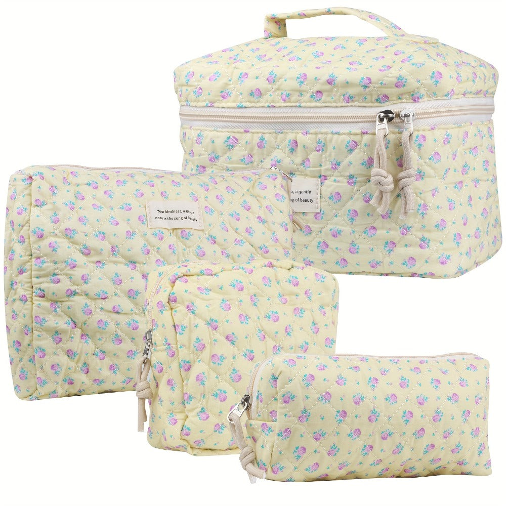 Cute Makeup Bag for Women (4 Pcs), Travel Cosmetic Bags, Quilted Coquette Aesthetic Floral Toiletry Organizer Bag