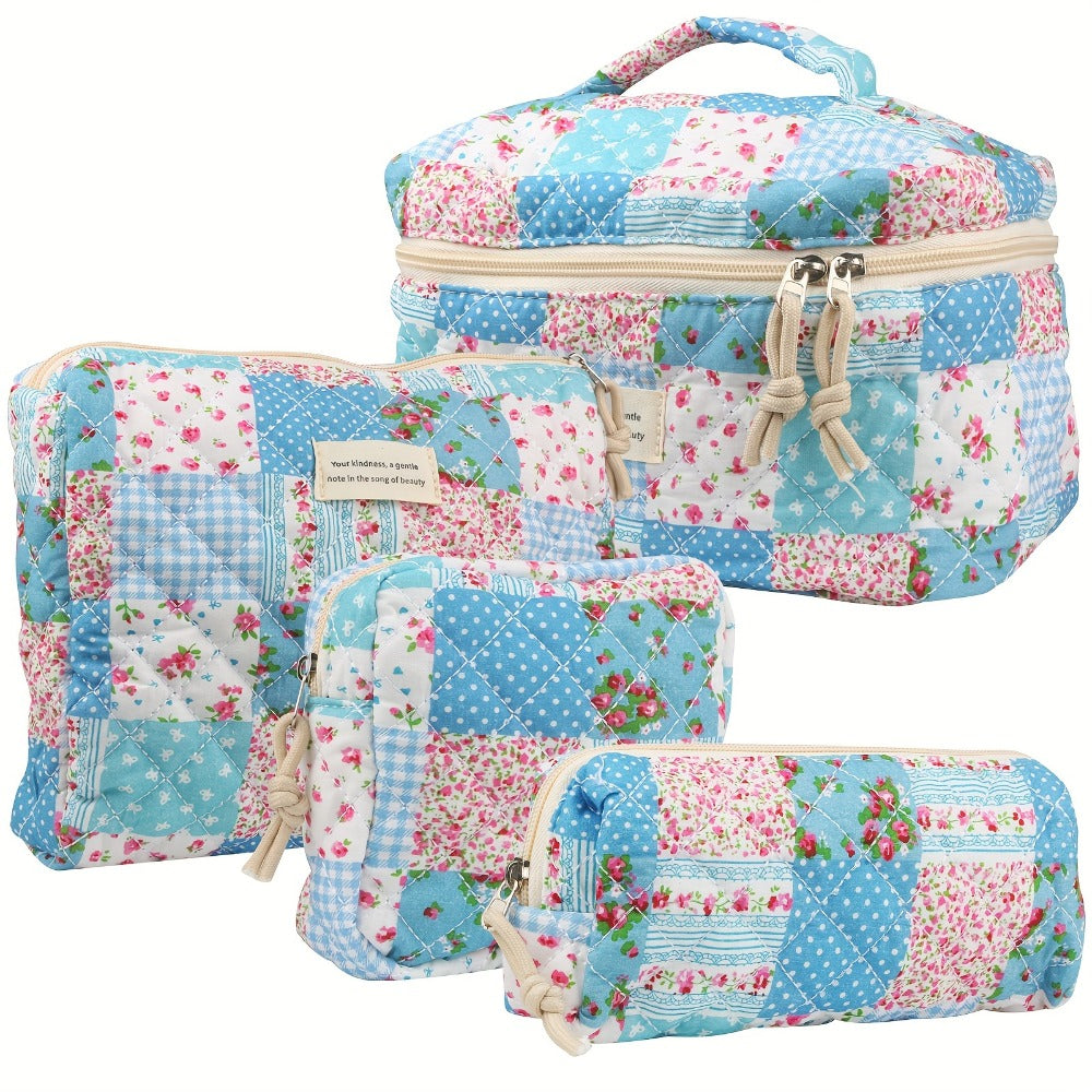 Cute Makeup Bag for Women (4 Pcs), Travel Cosmetic Bags, Quilted Coquette Aesthetic Floral Toiletry Organizer Bag