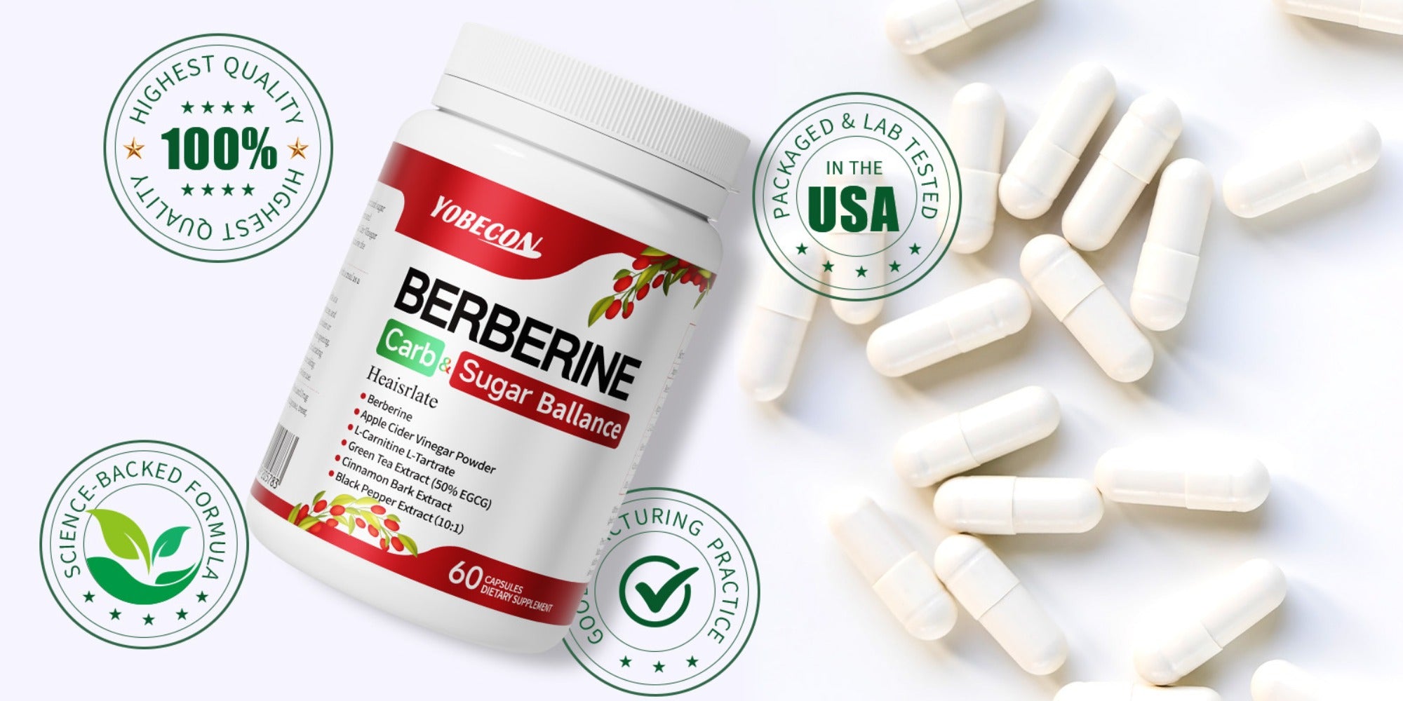 Berberine Capsules with Apple Cider Vinegar, Cinnamon And Green Tea Extract, Supports Healthy Body Shape, Blood Sugar & Digestion, 1Bottle/ 2 Bottles, Suitable for All Ages, 60 Capsules