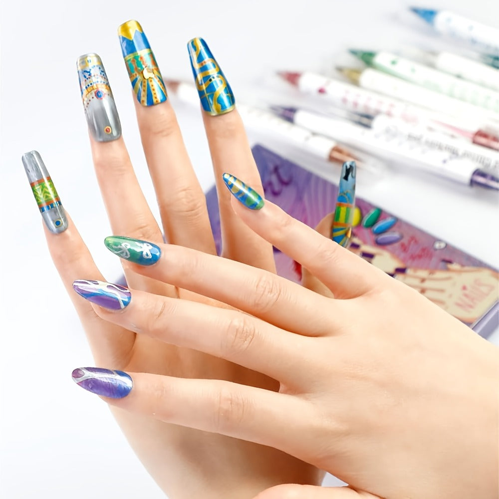10 Colors 3D Nail Art Pens DIY Set, Double Ended Metallic Nail Marker Pens Graffiti Dotting Drawing Painting Liner Pen, Quick-Drying Acrylic Paint Pen for Home Salon Quickly Dry Nail Art