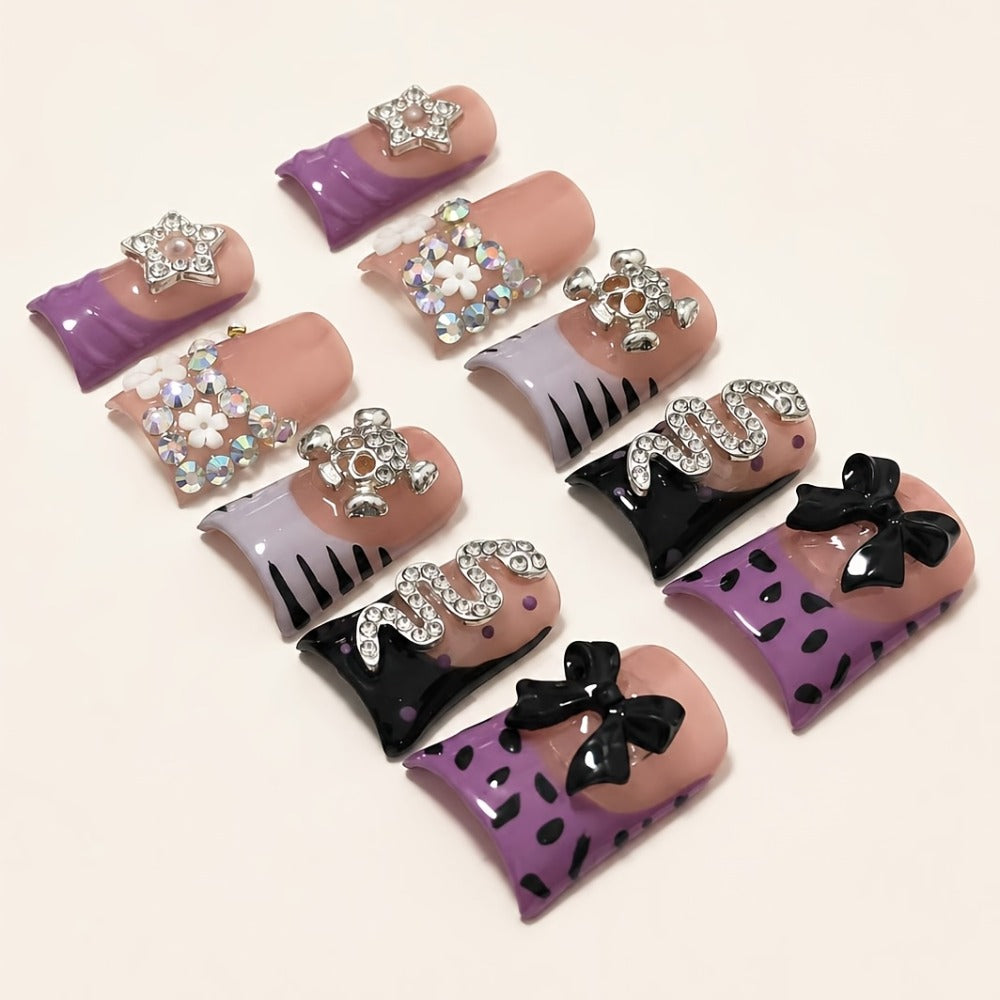 10pcs, Spring And Winter Nails Colors 2026, Handmade Short Duckbill Acrylic Nails With Black Leopard Print, Zebra Print, Bowknot, Snake, Skull And Rhinestone, Suitable For Women And, Party/daily Wear, Including Tools