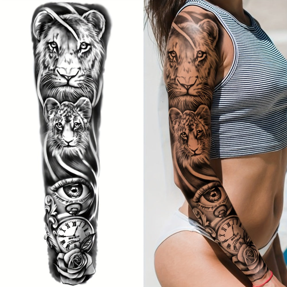 Large Full Arm Temporary Tattoo Stickers 8 Sheets Waterproof Long Lasting Black Realistic Koi Dragon Lion Floral Geometric Designs for Men Women Street Punk Style Body Art