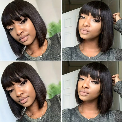 Human Hair Wig Short Bob Straight with Bangs Brazilian 200% Density Glueless Full Machine Made for Women Black 8 10 12 16 Inch Natural Hairline