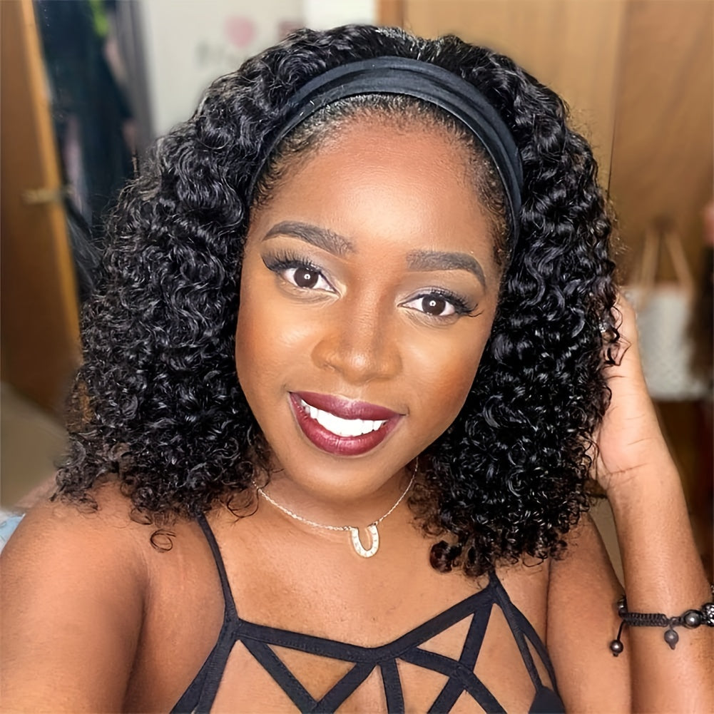 Headband Wig Human Hair Kinky Curly Human Hair Wigs No Lace Wigs Glueless Wig Human Hair Full Machine Made Brazilian Human Hair Wigs for Women 180% Density