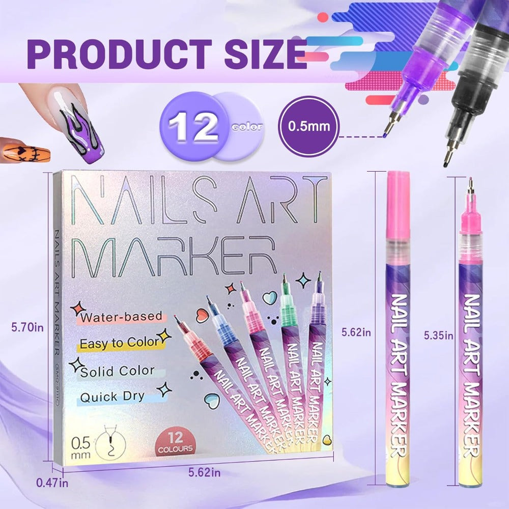 12pcs DIY Nail Art Pens Fashion Nail Art Fine Decorations - Easily Create Complex Designs - Easy-to-Use Multi-Occasion DIY Nails - 0.5mm Nail Art Pen Set - Ideal Christmas & New Year Gift