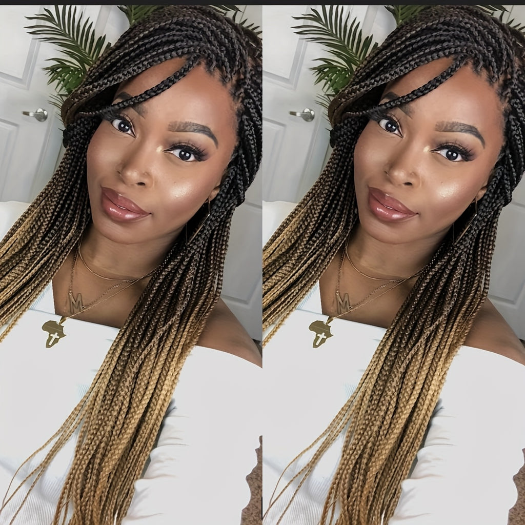 Brown Knotless Box Braid Wig - A Synthetic Lace Front Featuring Handmade Faux Locs, Offering a 360° HD Full Lace Design for Protective Styling And a Versatile Appearance Suitable for Women of Diverse Ethnic Backgrounds