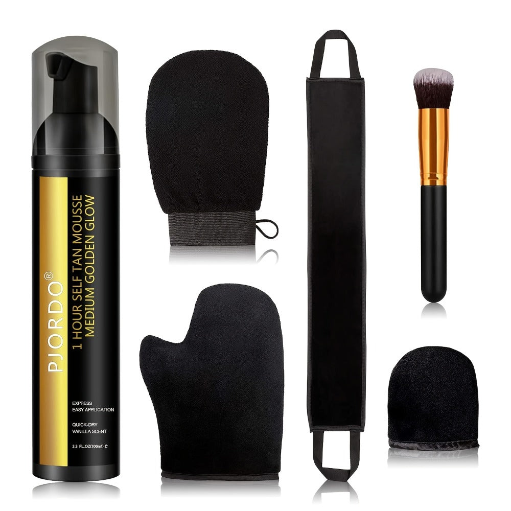 6pcs Pjordo Self Tanner 3.38oz Set, Self Tanner Mousse With Self Tanning Mitt Applicator Kit, 1 Hour Sunless Tanner, Fast Self Tan, Long Lasting Self Tanning Foam, No Fake Tan Smell, Holiday Gifts