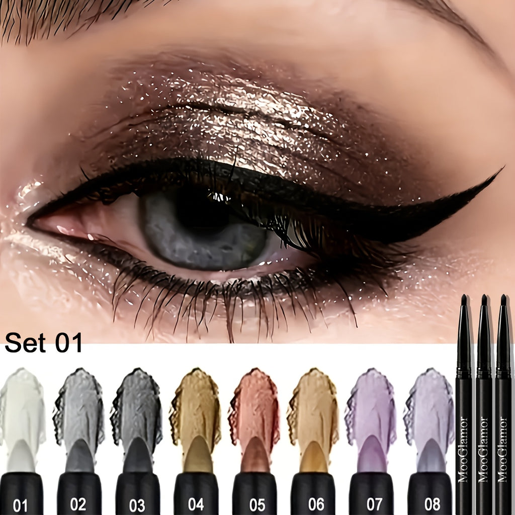 8/16pcs Shimmery Eyeshadow Sticks + 3 Gel Eyeliners Set. Smooth Application, Highly Pigmented, Waterproof, Sweat-proof & Smudge-proof. Multi-use for Colorful Festival/party Makeup Looks.