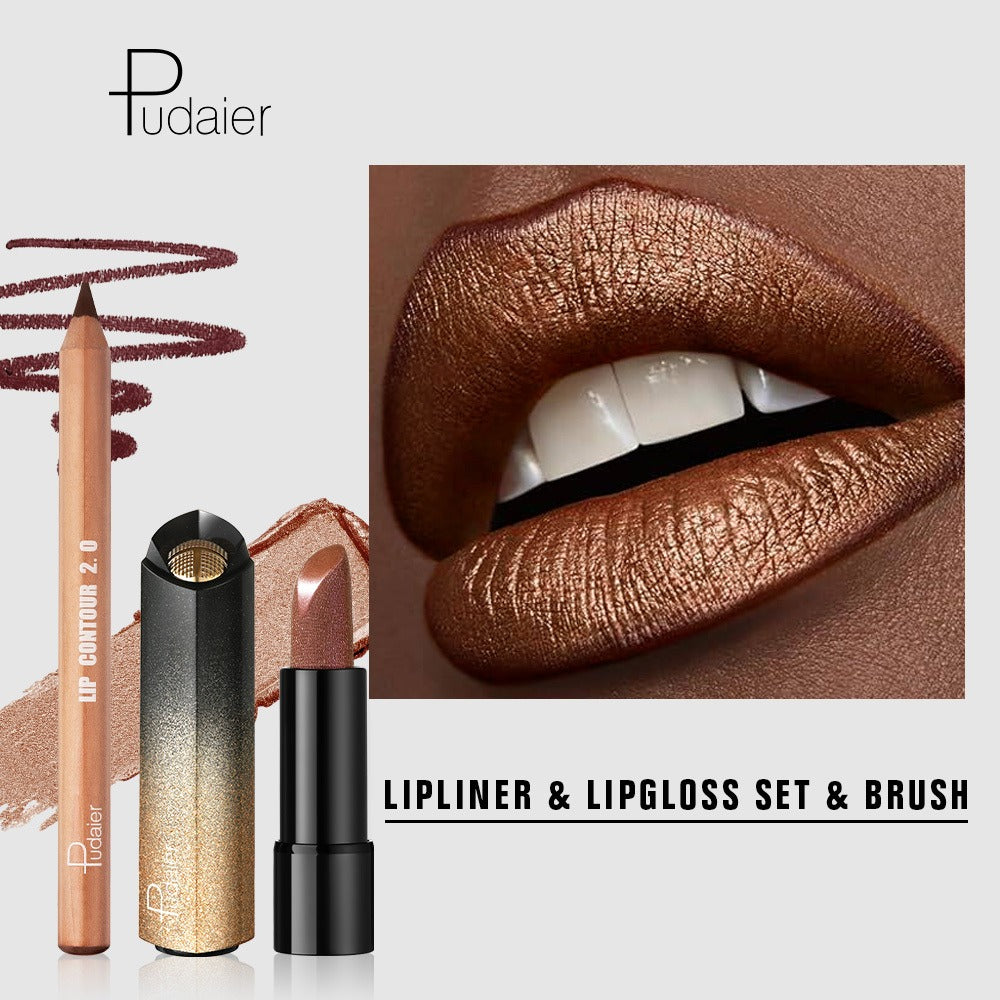 Luxury Golden Lipstick Set with Lip Liner Pencil — Brown Shimmer & Nude Lip Liner, Viral Fall Makeup Kit 2pcs Press Gold Lip Color