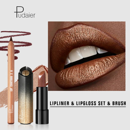 Luxury Golden Lipstick Set with Lip Liner Pencil — Brown Shimmer & Nude Lip Liner, Viral Fall Makeup Kit 2pcs Press Gold Lip Color