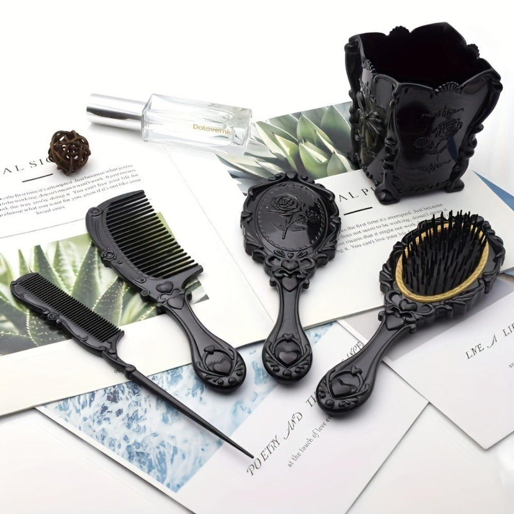 Black Mirror Comb Set, Scalp Massage Hairbrush with Mirror, Retro Hair Comb, Makeup Hair Comb