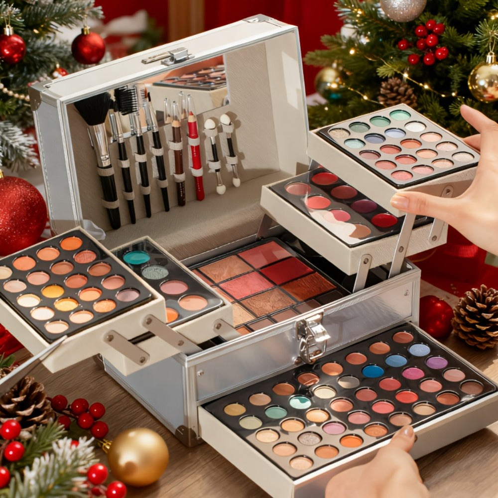 Makeup Kit Gift Box Silvery Multi-Functional Set with Mirror, Lipstick, Eyeshadow & Blush - Portable Long-Lasting Cosmetic Kit for Beginners & Teens, Multiple Shades, Perfect Gift for Women