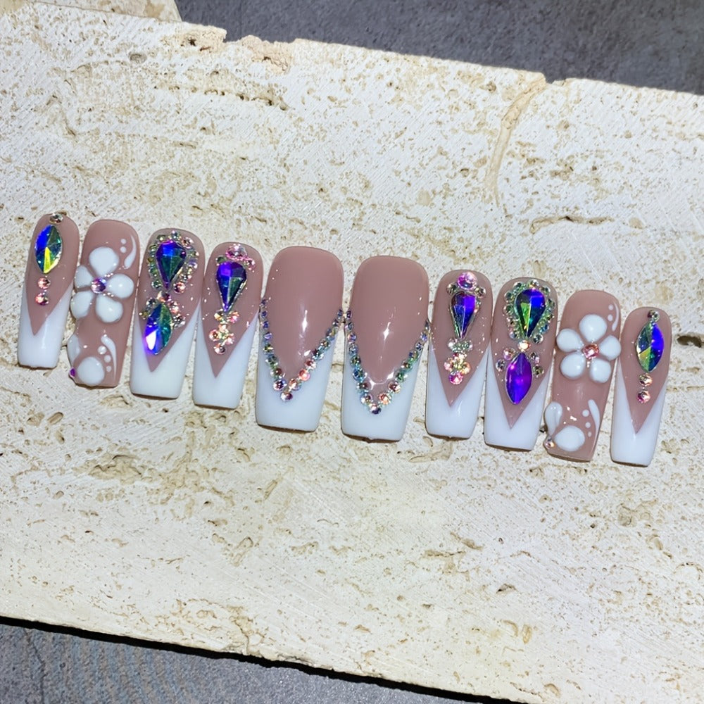Press On Nails Square French Tip Luxury – Nude & White with AB Rhinestone & Handcrafted Floral Design | 10pcs Glossy Nail Set for Wedding, Party & Valentine's Day, S/M/L