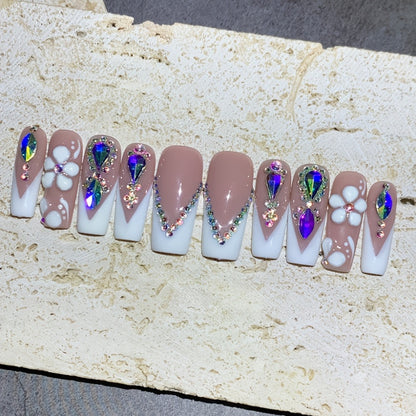 Press On Nails Square French Tip Luxury – Nude & White with AB Rhinestone & Handcrafted Floral Design | 10pcs Glossy Nail Set for Wedding, Party & Valentine's Day, S/M/L