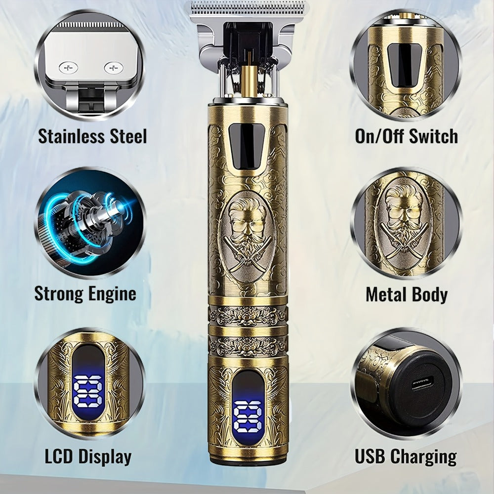 T-Blade Hair Trimmer for Men - LED Display USB Rechargeable 2000mAh, Vintage Dragon & Mustache Design, 4 Combs, Cordless Precision Grooming Kit, Holiday Gift