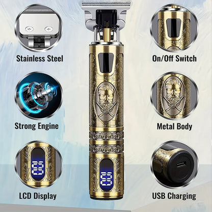 T-Blade Hair Trimmer for Men - LED Display USB Rechargeable 2000mAh, Vintage Dragon & Mustache Design, 4 Combs, Cordless Precision Grooming Kit, Holiday Gift