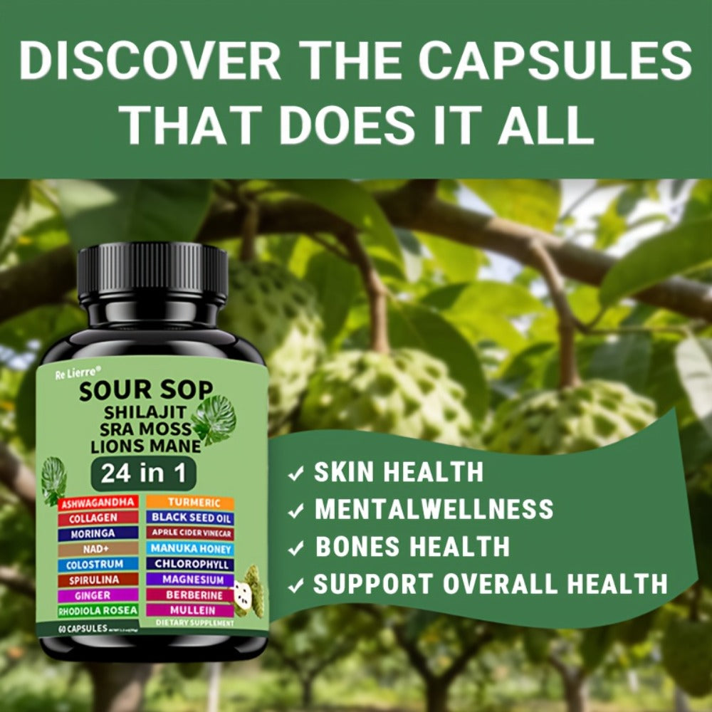 [24in1 Soursop Moss Capsules] Brakme 24in1 Soursop Shila Sea Moss Lions Mane Capsules - 1pc &2pcs, Men & Women Friendly, Supports Intestinal Health &Antioxidant