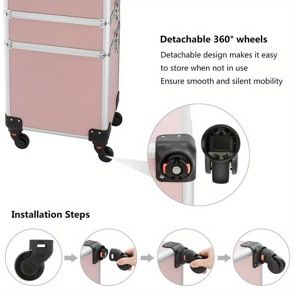Rolling Makeup Train Case 4-in-1 Aluminum Lockable 4 Removable Wheels Collapsible Trays DIY Compartments Telescopic Rod Cosmetic Organizer Trolley for Makeup Artists Salon Travel Black Pink Rhinestone