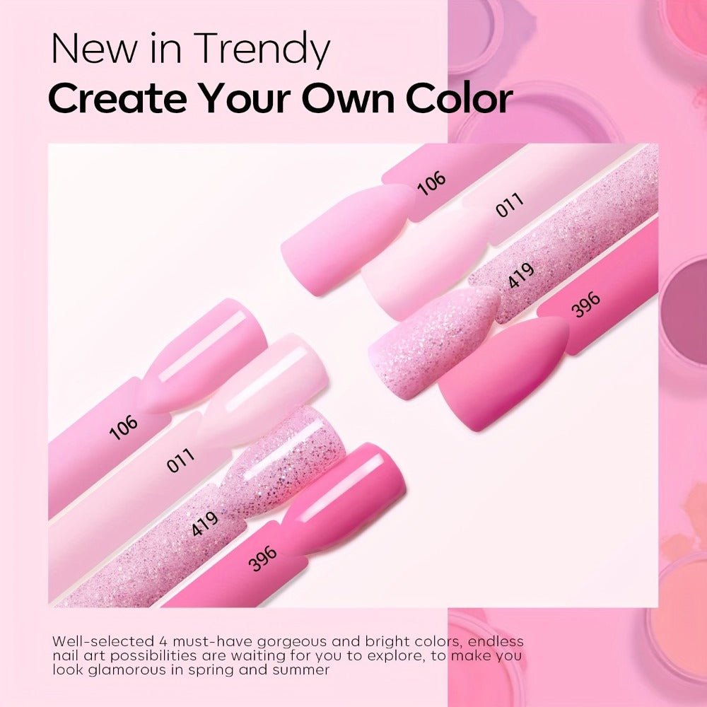 A Starter Kit for Dip Powder Nails, Including Four Shades of Light Hot Pink Glitter Powder, Essential Liquids Like Base And Top Coat, And an Activator for French Nail Designs, Ideal for Home Manicures Or As a Gift for Mother'S Day