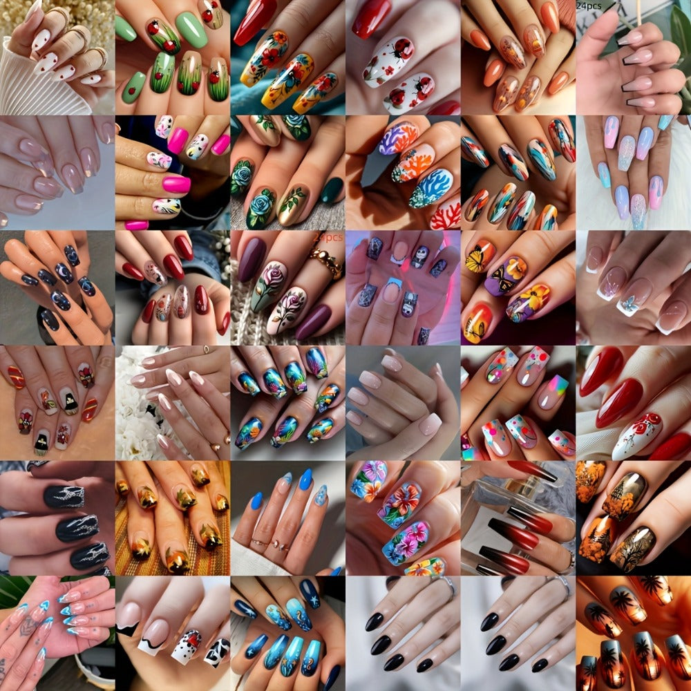 216pcs (9 Sets) Random Press on Nails Stylish And Christmas Bracelets Mixed Color Glossy End Middle Length Ideal for Women And Nail Art Essentials Glamorous Look Rhinestone Embellishments False Nails for Manicure