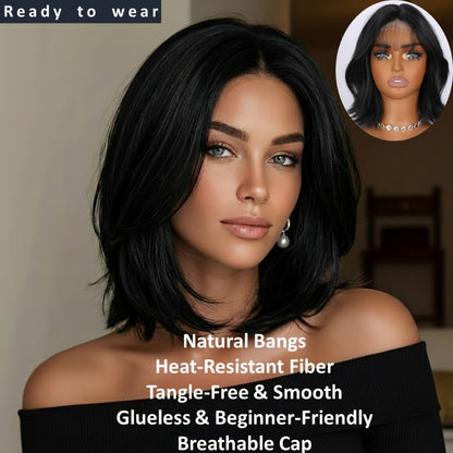 Bob Wig 4x1 U Part Lace Front Rose Net Cap - Middle Part Glueless Wig for Women Brown Highlights Milky White Black Pink 14 Inch