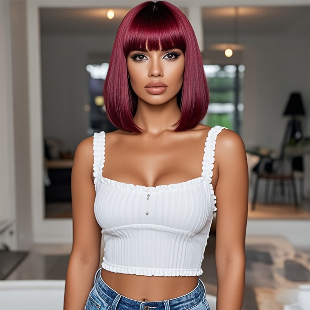 Synthetic Wig with Bangs 12 Inch Rose Net Cap for Women Light Yellow Gradient Brown Red Highlights Light Brown Daily Wear Party Cosplay Role Play