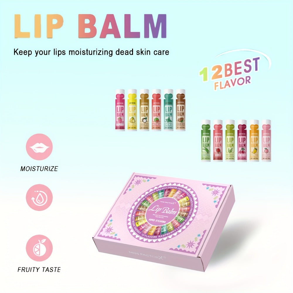Lip Balm Gift Set 48pcs MISS FACTORX - Moisturizing Lip Butter with Glycerin, Hypoallergenic Natural Finish for All Skin Types, Unisex Adult Lip Care Collection, Valentine's Mother's Day Gift