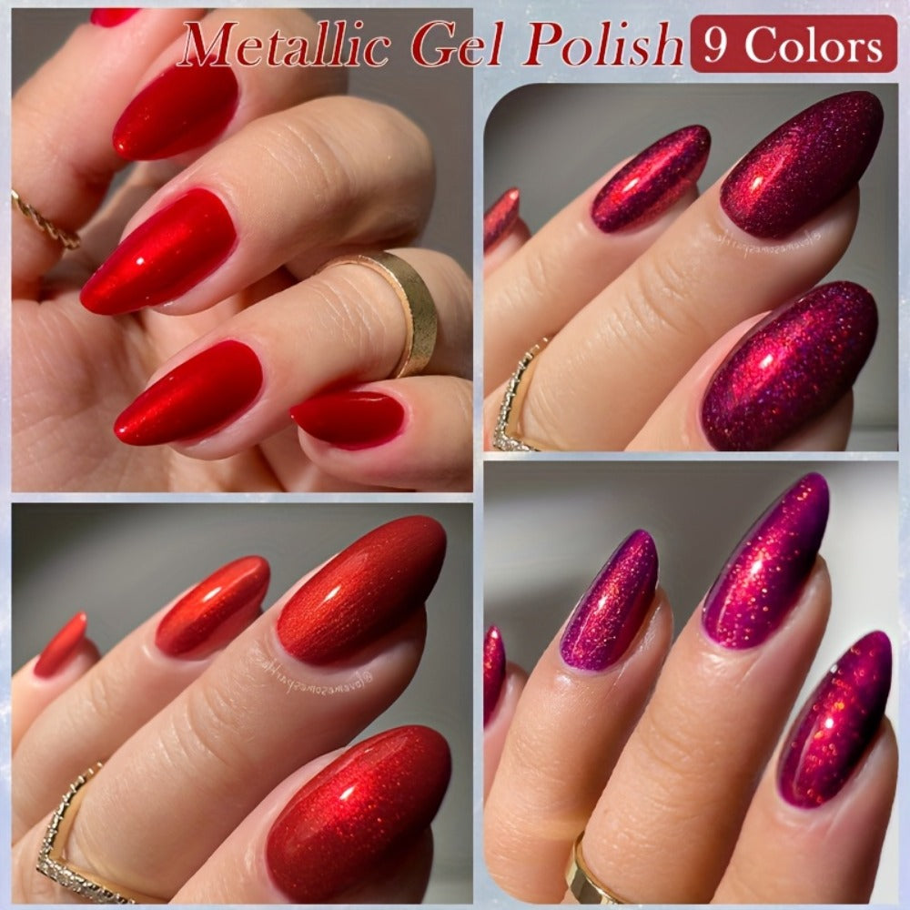 LILYCUTE 0.24oz 9pcs Metallic Gel Polish Nail Polish Soak Off LED Glitter Gel Nail Art Supplies Glittery Red Purple Color Gel Polish Kit