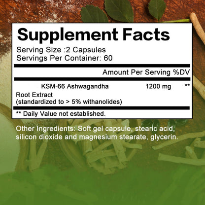 KSM-66 Ashwagandha 1200mg Extra Strength 120 Capsules for Stress Relief, Mood Support & Anxiety, Adaptogen Supplement for Men & Women, Energy & Focus