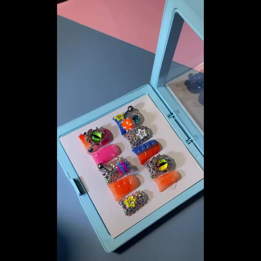 Y2K Piercing Charm Press on Nails Handmade Duck Nail with Nightmare Eye And Barbell 3D Nail Charms, Rhinestone Nails For, Trendy Party Nail Art