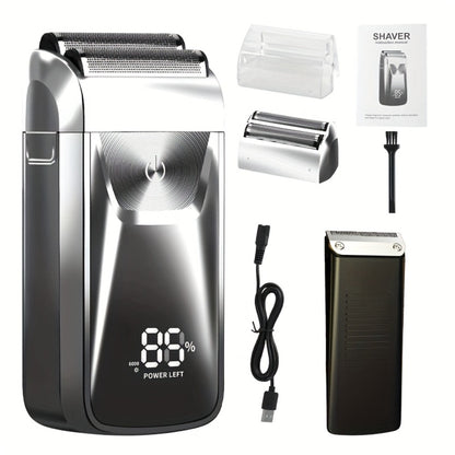 Bald Head Shaver & Beard Trimmer 2-in-1 Electric USB Rechargeable – Aluminum Foil Razor Professional Hair Clipper Grooming Tool for Men, Cordless Portable Silvery & Gold