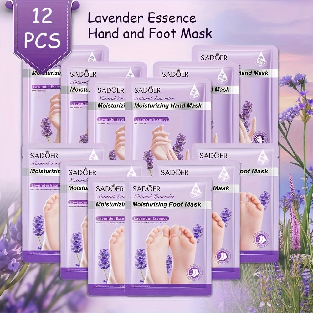 Hand and Foot Mask Set 12pcs – Lavender Moisturizing Gloves Socks, Deep Hydrating Skin Care Treatment, Non-Greasy Moisture Essence for Dry Cracked Hands Feet, Gift for Women Mom