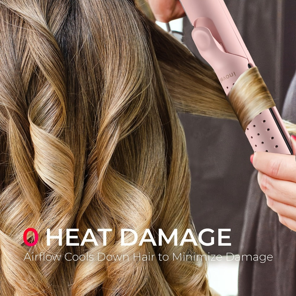 2-in-1 Pink Heated Curling Iron, Flat Iron and Curler, Heat-Free Curling Iron, 360° Adjustable, 5-Level Hot/Cold Air Adjustment, Fast & Dual Voltage, for Long and Short Hair