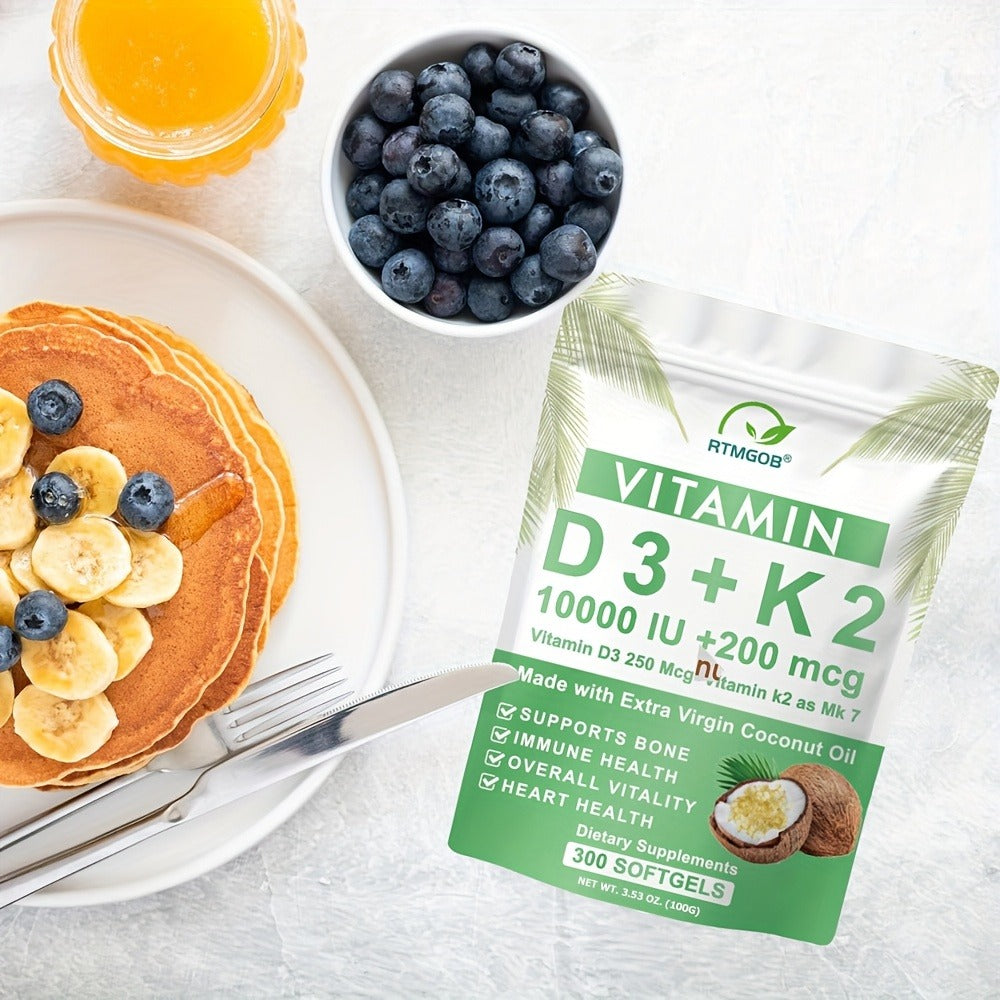 Vitamin K2 D3 Supplement, 10, 000 IU Vitamin D3 + 200 mcg Vitamin K2 MK7, Supports Bone, Immune Health, and Overall Vitality, 300 Softgels with Extra Virgin Coconut Oil