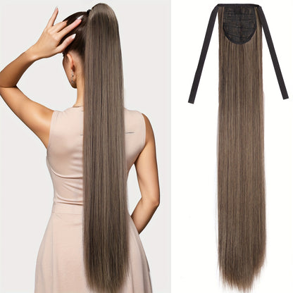 Straight Ponytail Extension 34 Inch - Ribbon Wrap Long Sleek Hairpiece High Temperature Fiber for Women Daily Wear Festive Occasions Mixed Brown Linen Champagne Olive
