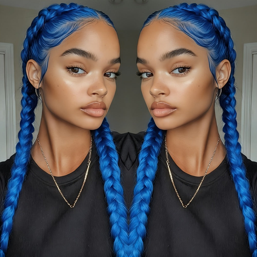 Braided Lace Front Wig 13x4 for Women — 26 Inch 250% Density Synthetic Braid Wig with Baby Hair, Rainbow Colors Blue Pink Yellow 613 Black, Heat Resistant for Party Cosplay