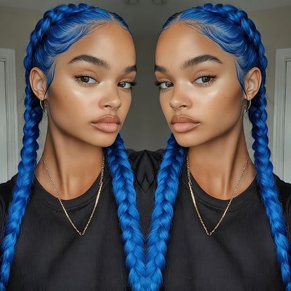 Braided Lace Front Wig 13x4 for Women — 26 Inch 250% Density Synthetic Braid Wig with Baby Hair, Rainbow Colors Blue Pink Yellow 613 Black, Heat Resistant for Party Cosplay