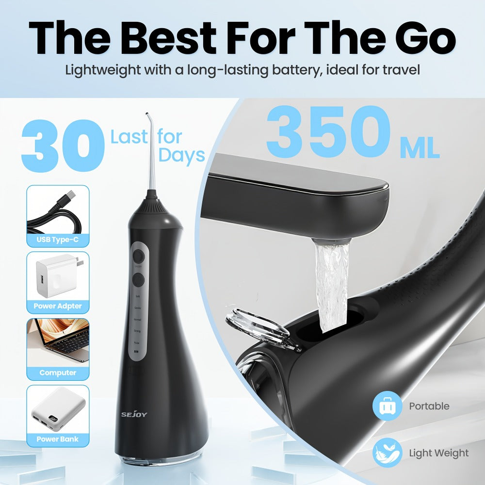 Cordless Water Flosser Portable Oral Irrigator 350ml Tank 5 Cleaning Modes One-Touch Operation IPX Waterproof Rechargeable Dental Flosser for Braces Gum Care Travel Home Use